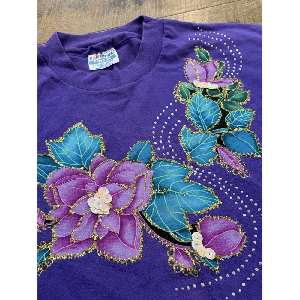 Vintage 80s Flowers Rhinestones Sequins Tee Purple Medium USA‎ Made Cottagecore - Picture 4 of 9